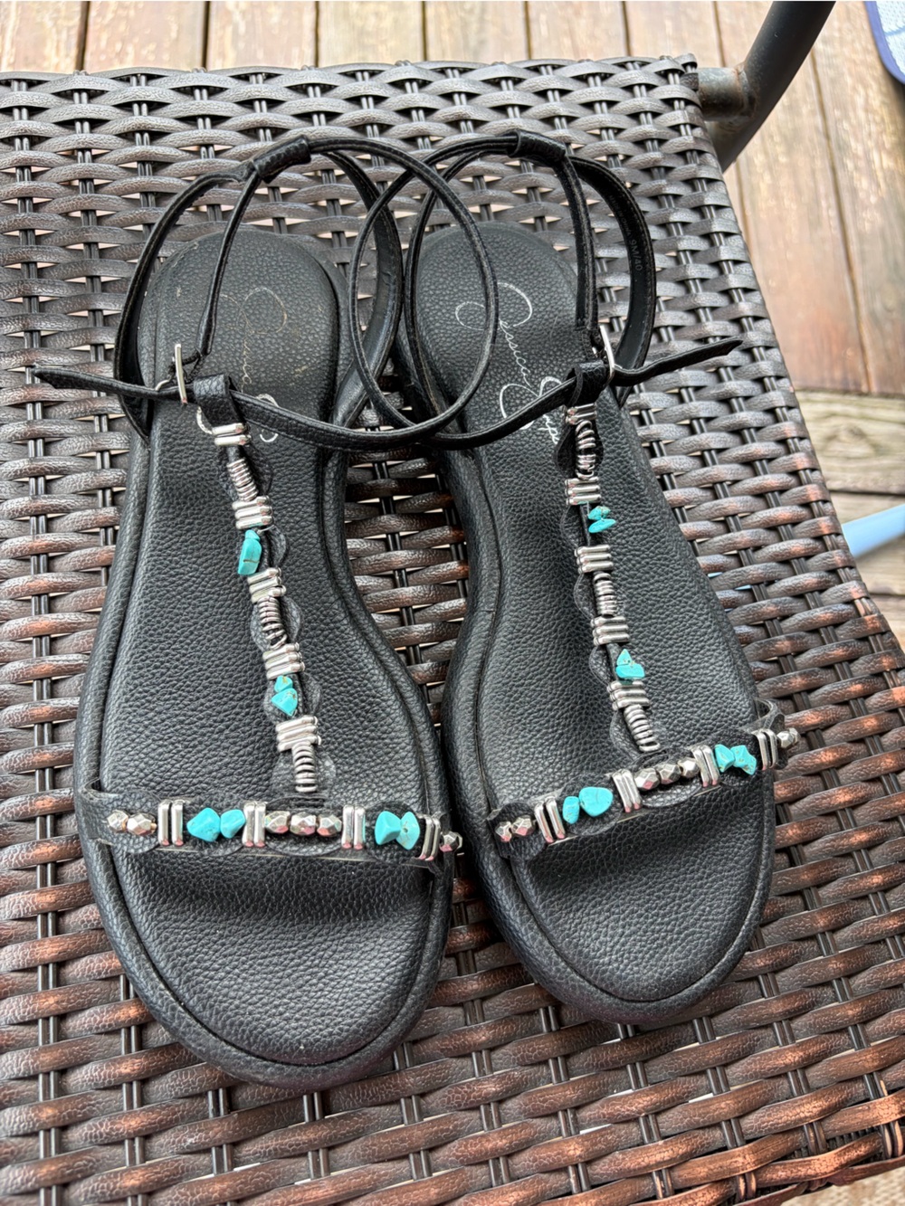 Jessica Simpson Black Sandals with Turquoise Bead Accents